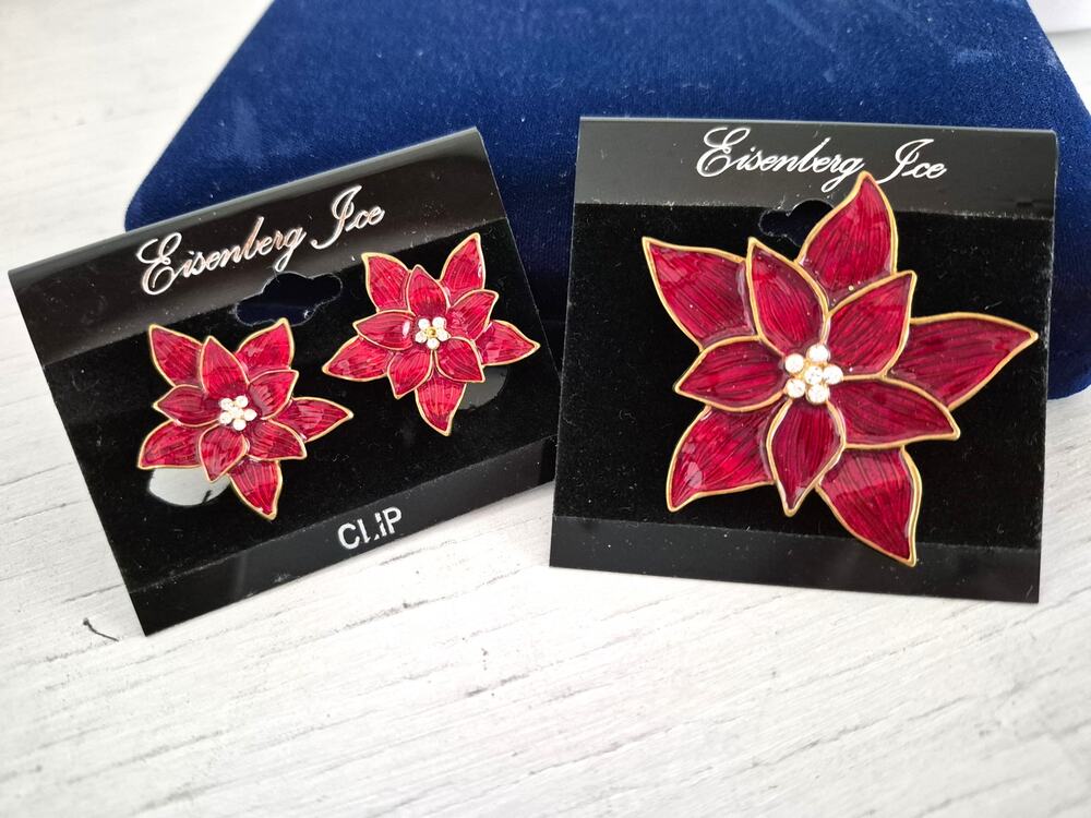 Eisenberg Ice Poinsettia Red Enamel Holiday Brooch & Earring Set